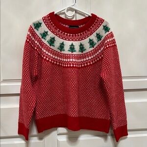 Cynthia Rowley Red Holiday Sweater with Green Tree Pattern, Worn 1 time